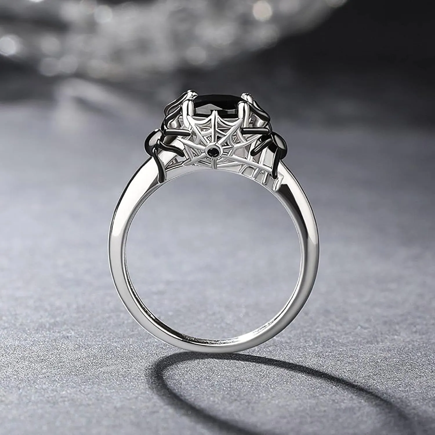 Jeulia Round Cut Silver Ring: Sterling Silver Hug Me Black Spider Gothic Ring Band Fashion Anniversary Promise Engagement Wedding Halloween Ring Set for Her with Gift Jewelry Box