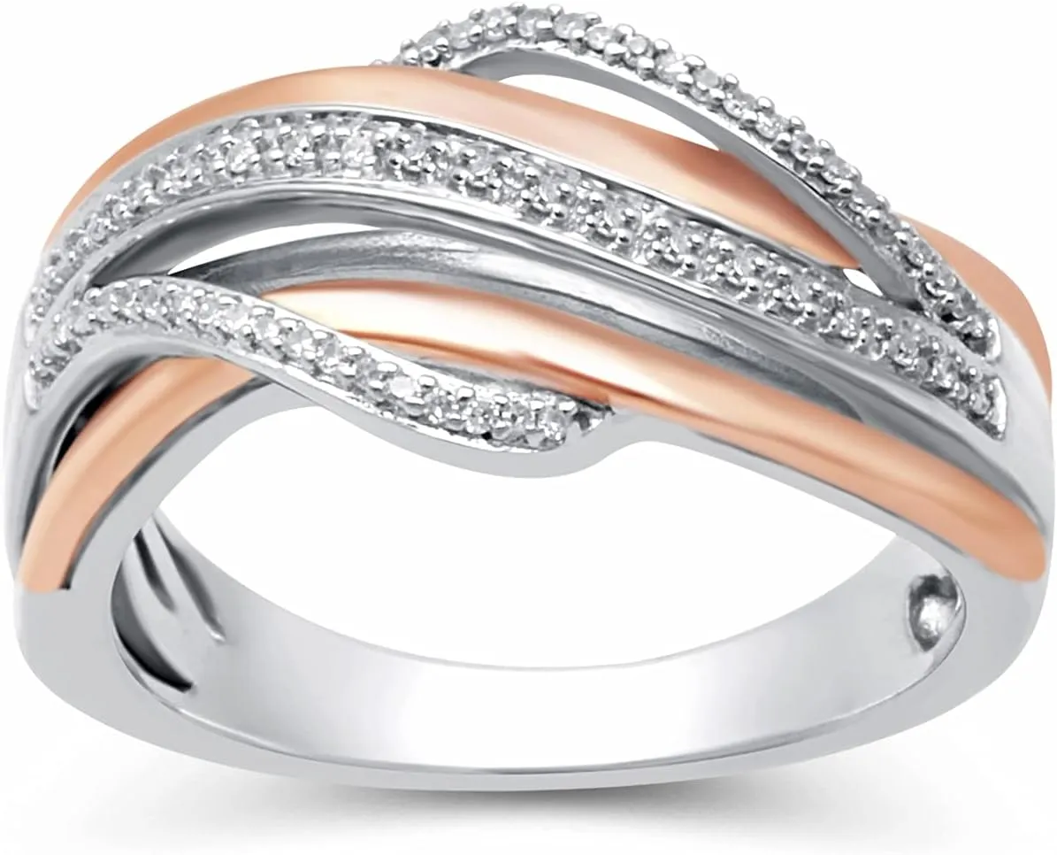 Jewelili 14K Rose Gold over Sterling Silver 1/10 cttw Natural White Diamonds Crossover Fashion Ring