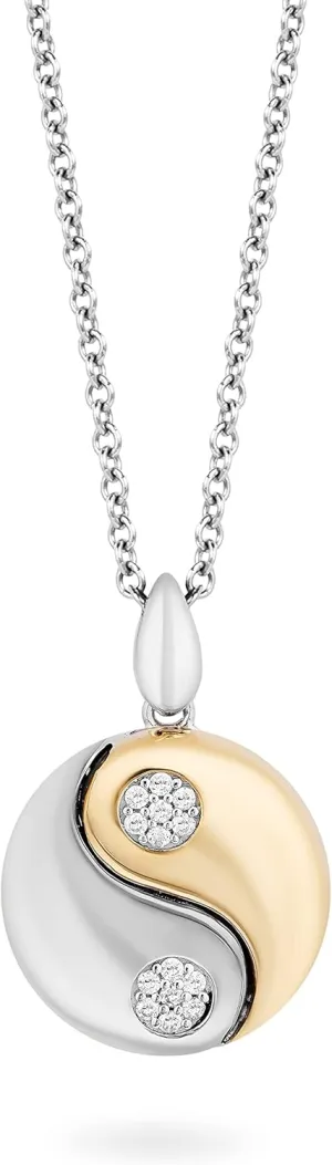 Jewelili Hallmark Fine Jewelry Sterling Silver and 14K Yellow Gold Natural White Round Diamond Accent Sculpted Modern Ying-Yank Pendant Necklace, 18" Cable Chain