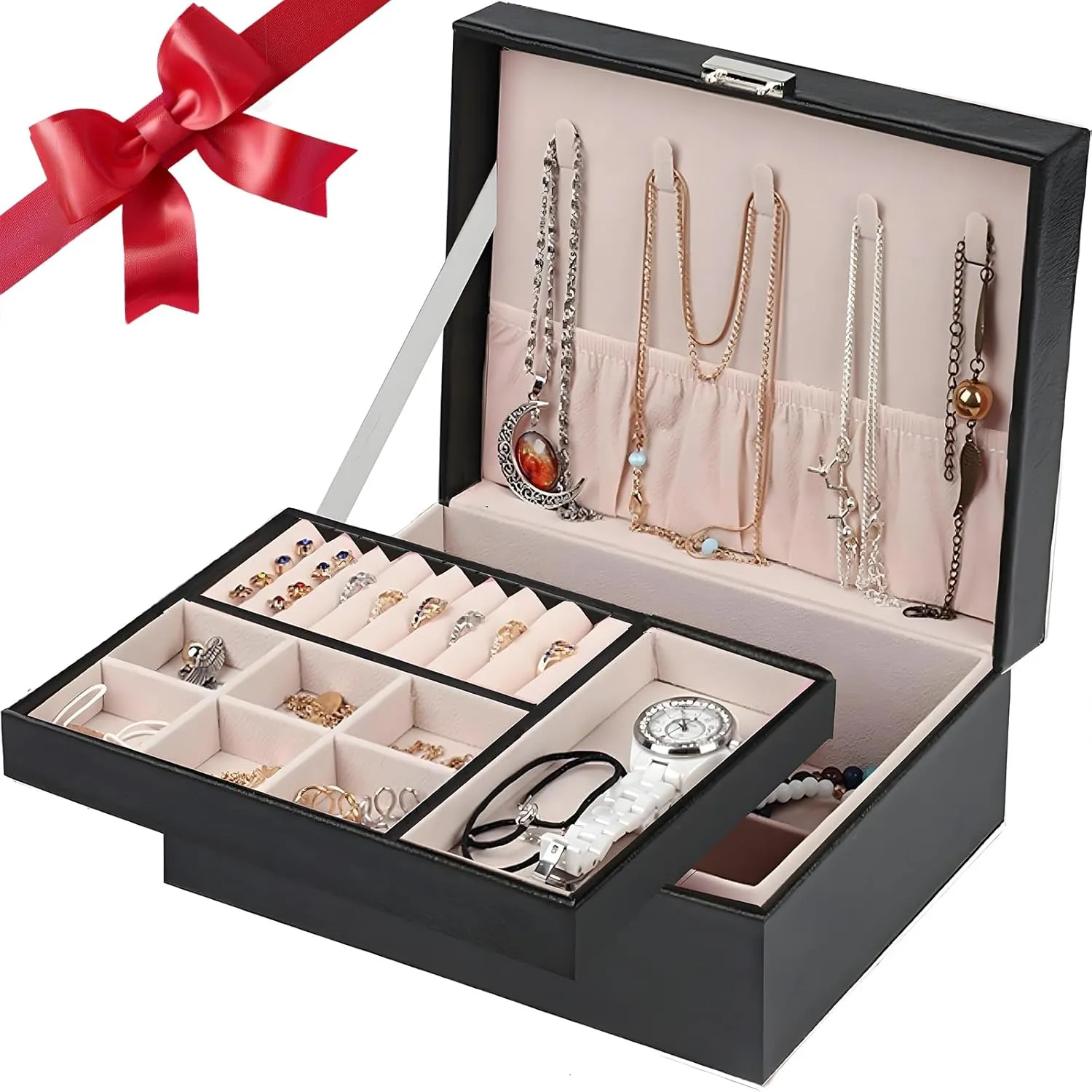 Jewelry Box for Women, 2 Layer Jewelry Storage Box PU Leather Soft Velvet Lined Travel Jewelry Organizer with Lock Removable Tray for Rings Earrings Necklace Bracelet Watch Teenager Women Girls Gifts