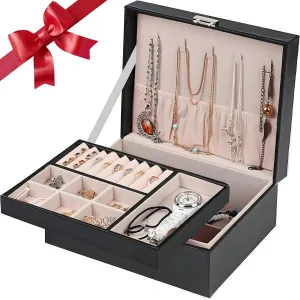 Jewelry Box for Women, 2 Layer Jewelry Storage Box PU Leather Soft Velvet Lined Travel Jewelry Organizer with Lock Removable Tray for Rings Earrings Necklace Bracelet Watch Teenager Women Girls Gifts