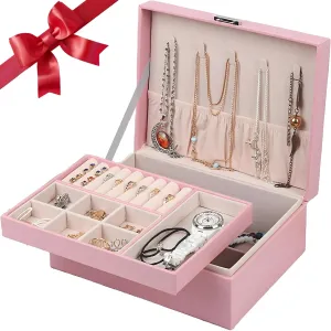 Jewelry Box for Women, 2 Layer Jewelry Storage Box PU Leather Soft Velvet Lined Travel Jewelry Organizer with Lock Removable Tray for Rings Earrings Necklace Bracelet Watch Teenager Women Girls Gifts