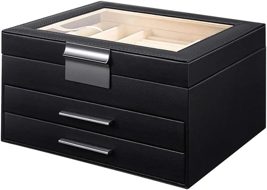 Jewelry Box with Clear Top,3-Layer Large Jewelry Box Organizer for Women,Earrings Rings Necklace Storage Organizer,Modern Gifts for Women,Girls,Mom,Birthday (Black)