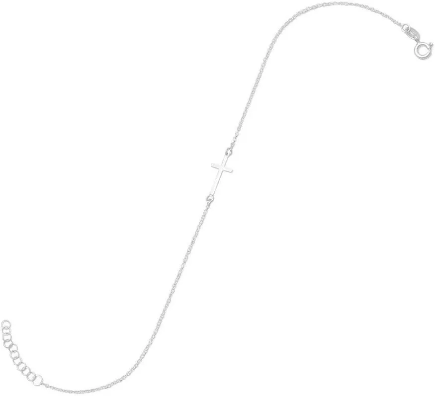 JewelryWeb 9 Plus 1 Inch Extention Ster. Silver Anklet 8mm X 14mm Sideways Religious Faith Cross Spring-Ring Closure-Anklet for Women