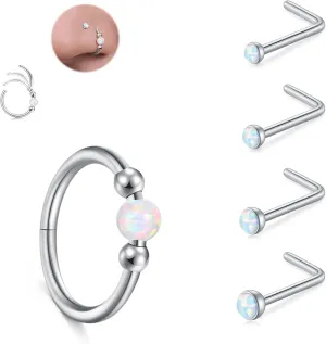 JFORYOU 18G Nose Rings Set for Women Stainless Steel Hypoallergenic 1.5mm 2mm 2.5mm 3mm Nose Studs and Opal Hinged Clicker Segment Nose Rings Hoops Helix Cartilage Daith Conch Tragus Sleeper Earrings