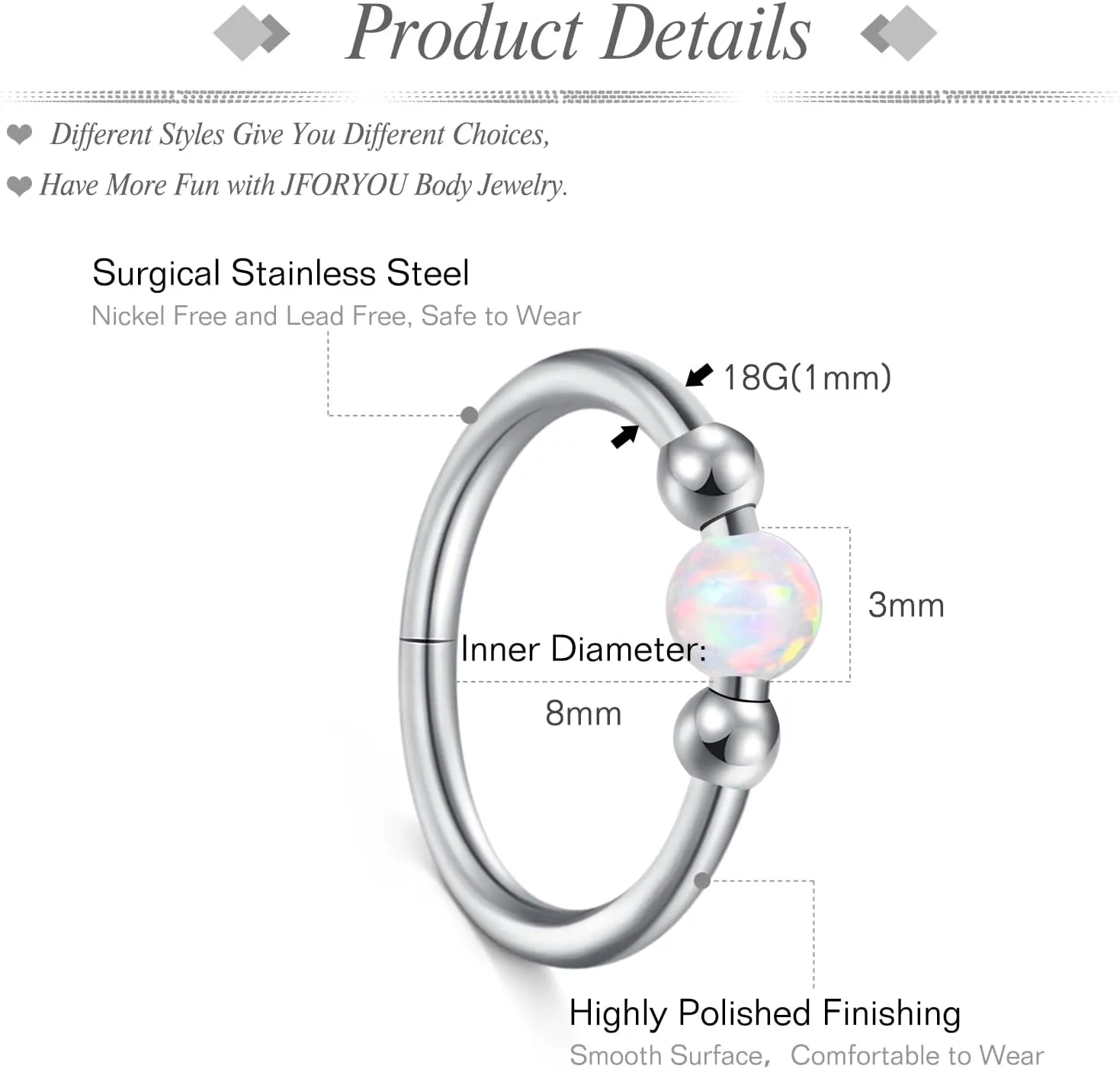JFORYOU 18G Nose Rings Set for Women Stainless Steel Hypoallergenic 1.5mm 2mm 2.5mm 3mm Nose Studs and Opal Hinged Clicker Segment Nose Rings Hoops Helix Cartilage Daith Conch Tragus Sleeper Earrings