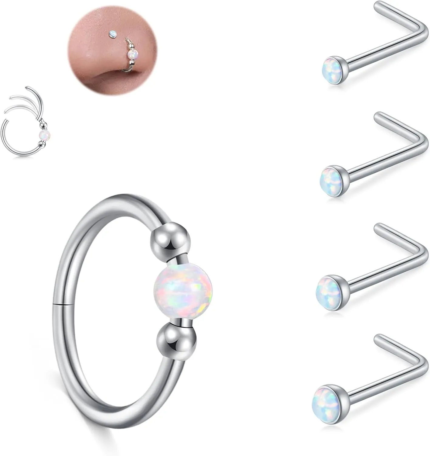 JFORYOU 18G Nose Rings Set for Women Stainless Steel Hypoallergenic 1.5mm 2mm 2.5mm 3mm Nose Studs and Opal Hinged Clicker Segment Nose Rings Hoops Helix Cartilage Daith Conch Tragus Sleeper Earrings