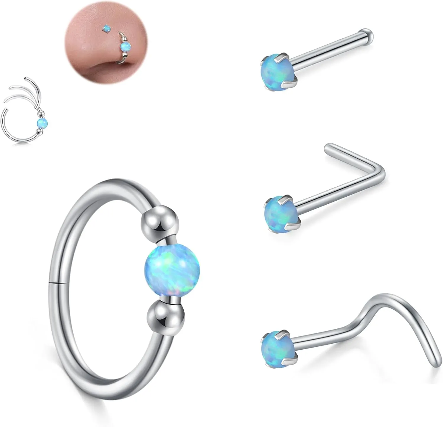 JFORYOU 18G Nose Rings Set for Women Stainless Steel Hypoallergenic L Shape/Corkscrew/Straight Nose Studs Opal Hinged Clicker Segment Nose Rings Hoops Helix Cartilage Daith Tragus Sleeper Earrings