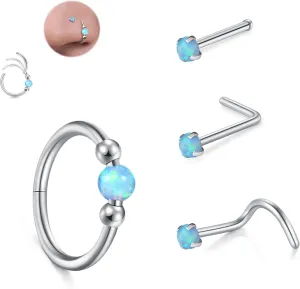 JFORYOU 18G Nose Rings Set for Women Stainless Steel Hypoallergenic L Shape/Corkscrew/Straight Nose Studs Opal Hinged Clicker Segment Nose Rings Hoops Helix Cartilage Daith Tragus Sleeper Earrings