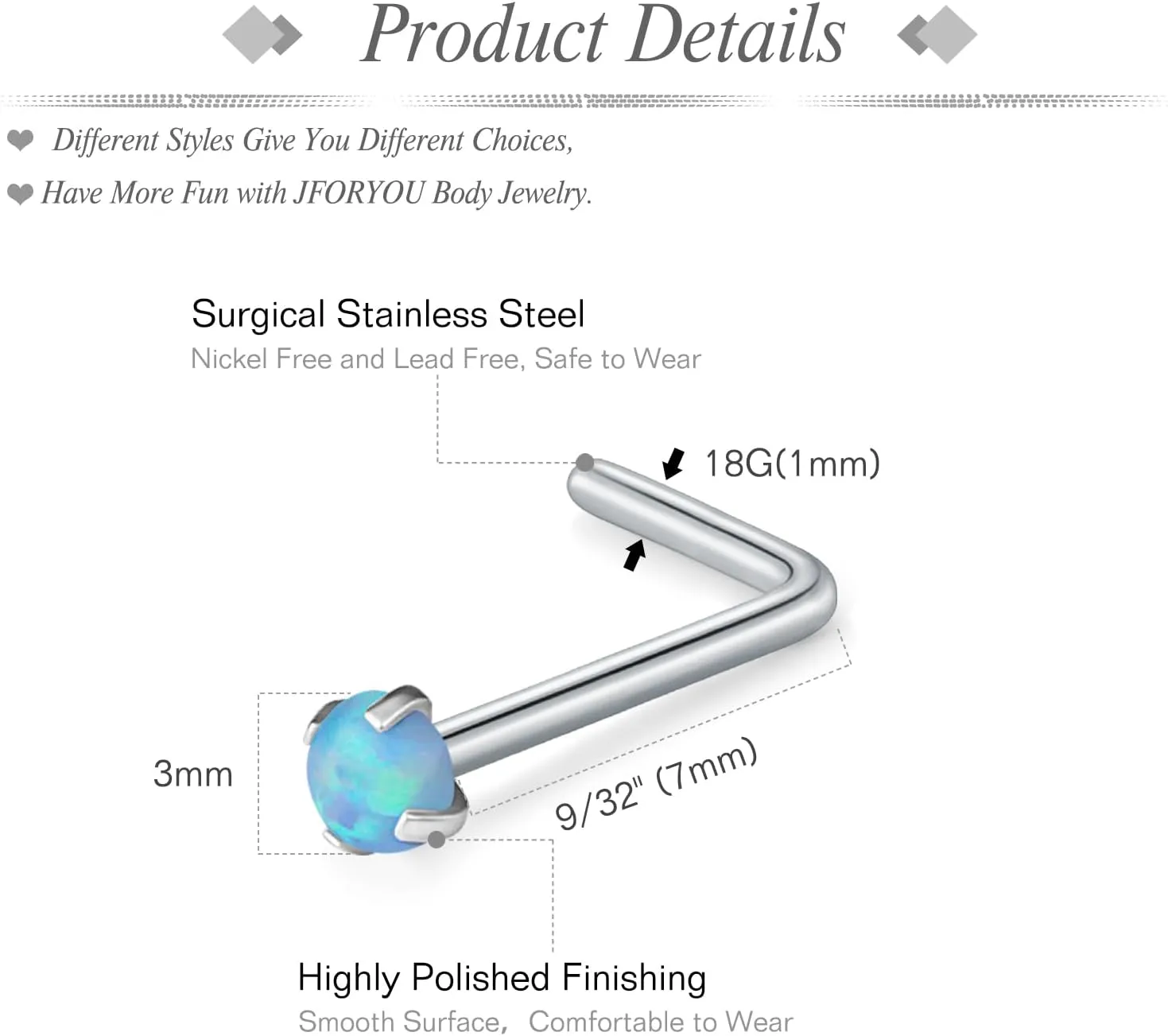 JFORYOU 18G Nose Rings Set for Women Stainless Steel Hypoallergenic L Shape/Corkscrew/Straight Nose Studs Opal Hinged Clicker Segment Nose Rings Hoops Helix Cartilage Daith Tragus Sleeper Earrings