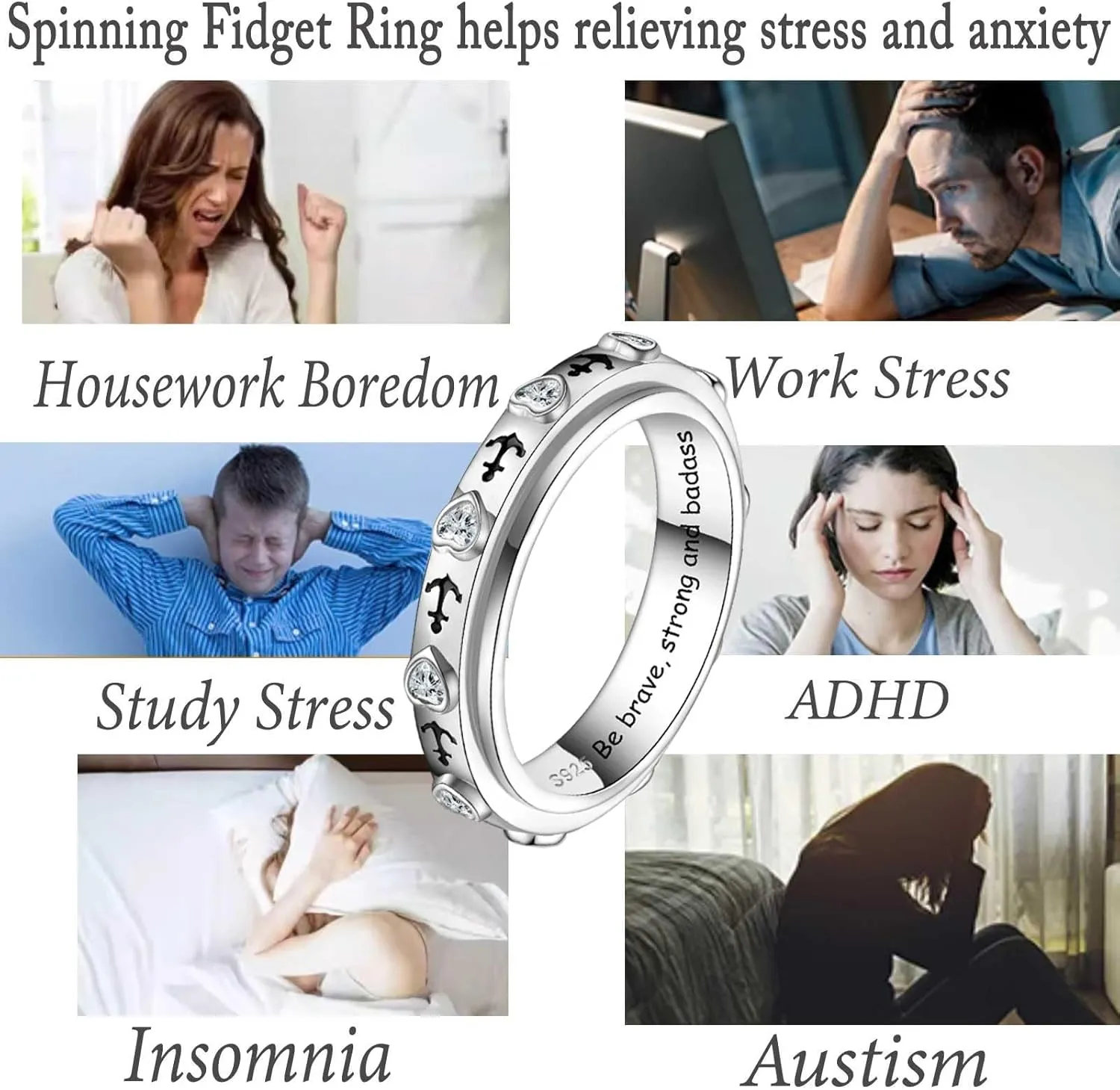 JLYY Sterling Silver Fidget Spinner Ring Anxiety Worry Relieving Stress Boredom ADHD Autism Band Spinning Rings for Women Men