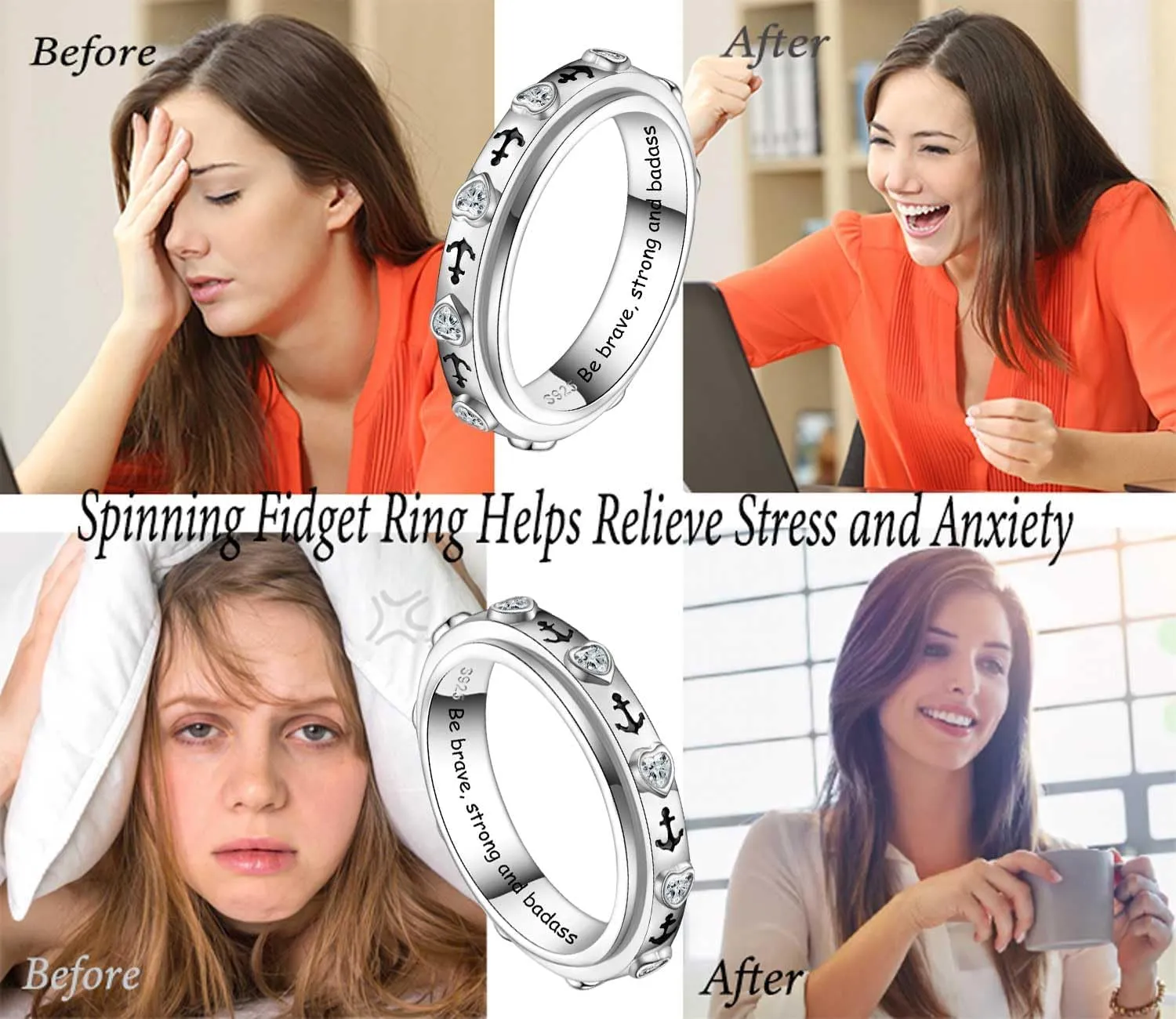 JLYY Sterling Silver Fidget Spinner Ring Anxiety Worry Relieving Stress Boredom ADHD Autism Band Spinning Rings for Women Men