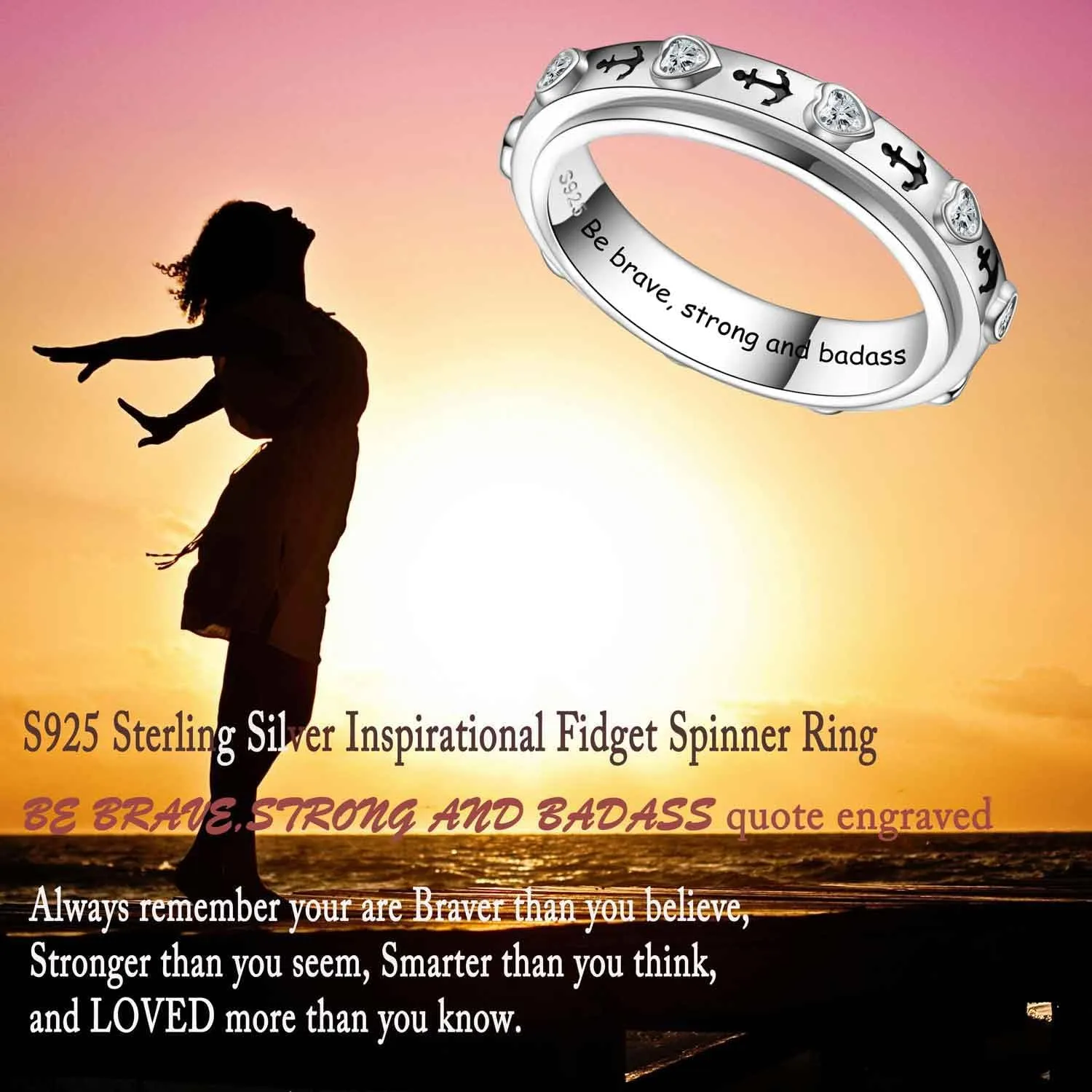 JLYY Sterling Silver Fidget Spinner Ring Anxiety Worry Relieving Stress Boredom ADHD Autism Band Spinning Rings for Women Men