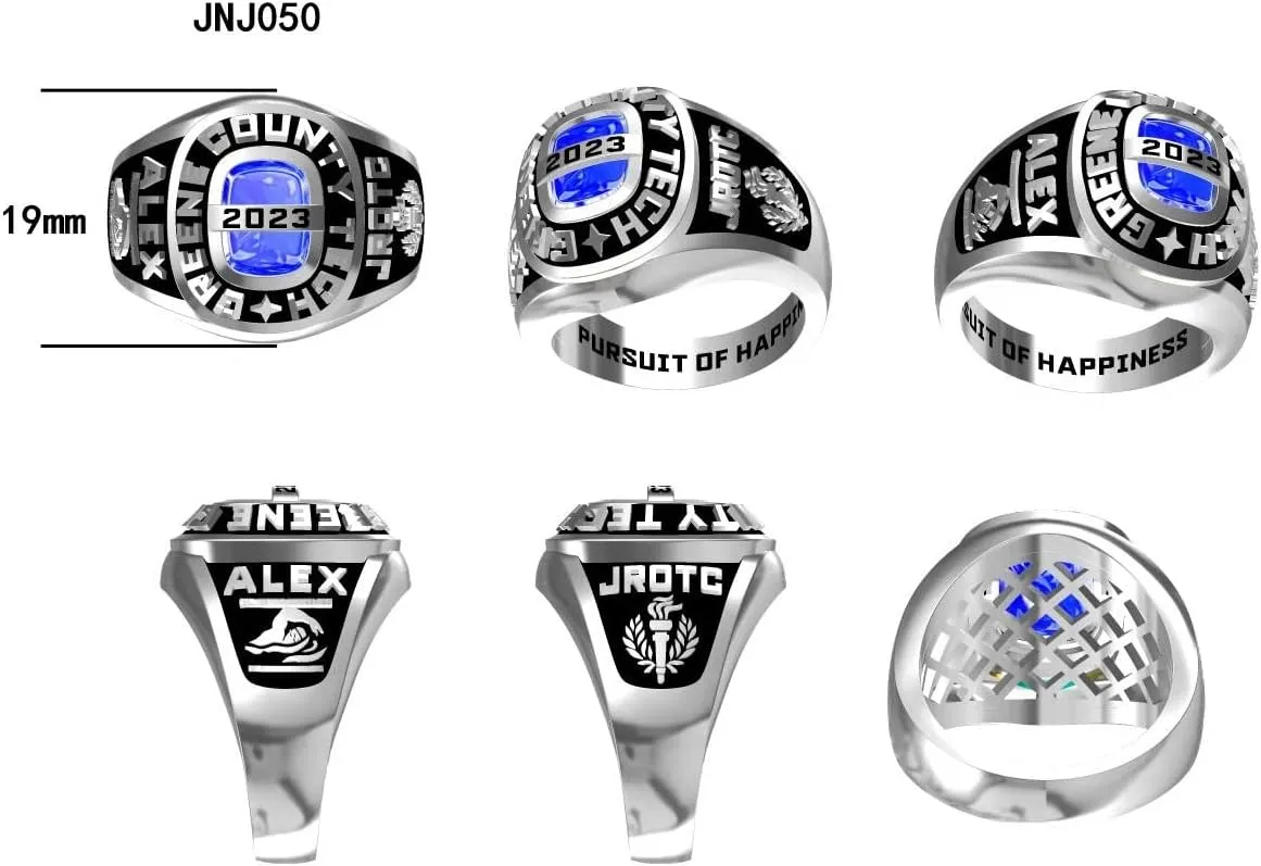 JNJ Customizable Class Ring for Men high school and college graduates, Sterling Silver, Birthstone Class Ring, Suqare stone, Modern Collection-Jour Nouveau Jewelry