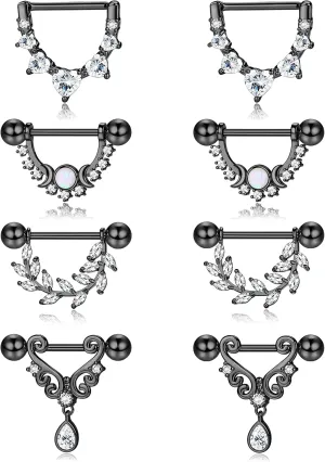 JOERICA 4 Pairs 14G Nipple Rings for Women 316L Stainless Steel Heart Teardrop Moon Star Opal Leaf CZ Barbell Nipple Rings Set Cute Nipplerings Piercing Jewelry