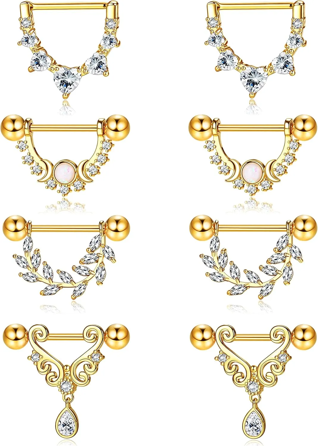 JOERICA 4 Pairs 14G Nipple Rings for Women 316L Stainless Steel Heart Teardrop Moon Star Opal Leaf CZ Barbell Nipple Rings Set Cute Nipplerings Piercing Jewelry