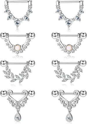 JOERICA 4 Pairs 14G Nipple Rings for Women 316L Stainless Steel Heart Teardrop Moon Star Opal Leaf CZ Barbell Nipple Rings Set Cute Nipplerings Piercing Jewelry