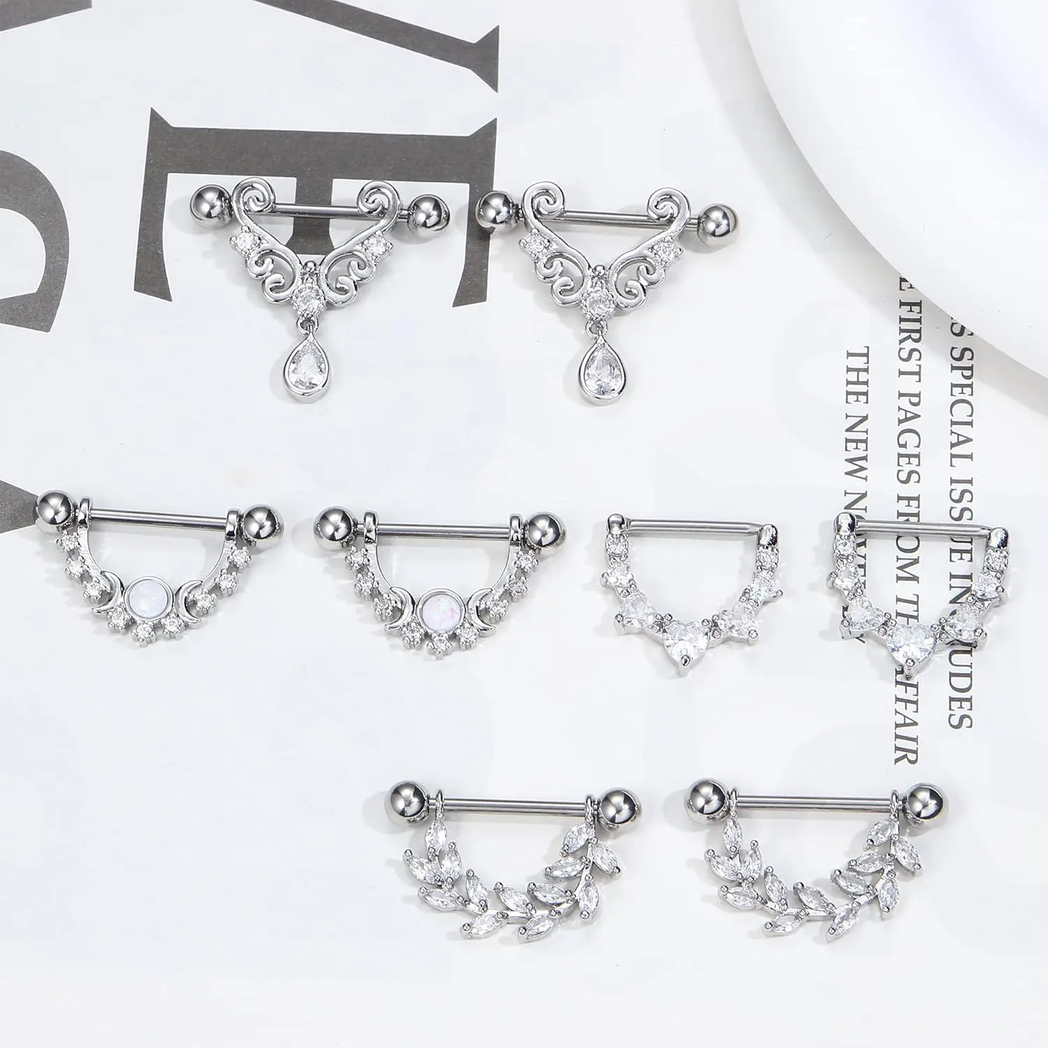 JOERICA 4 Pairs 14G Nipple Rings for Women 316L Stainless Steel Heart Teardrop Moon Star Opal Leaf CZ Barbell Nipple Rings Set Cute Nipplerings Piercing Jewelry