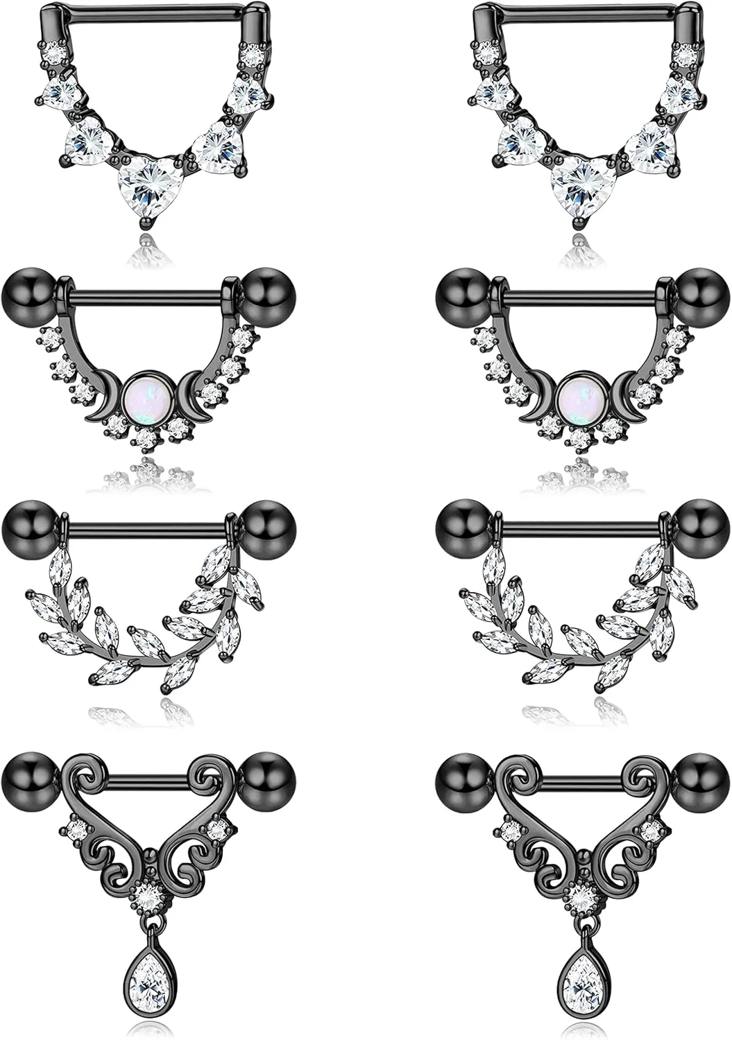 JOERICA 4 Pairs 14G Nipple Rings for Women 316L Stainless Steel Heart Teardrop Moon Star Opal Leaf CZ Barbell Nipple Rings Set Cute Nipplerings Piercing Jewelry