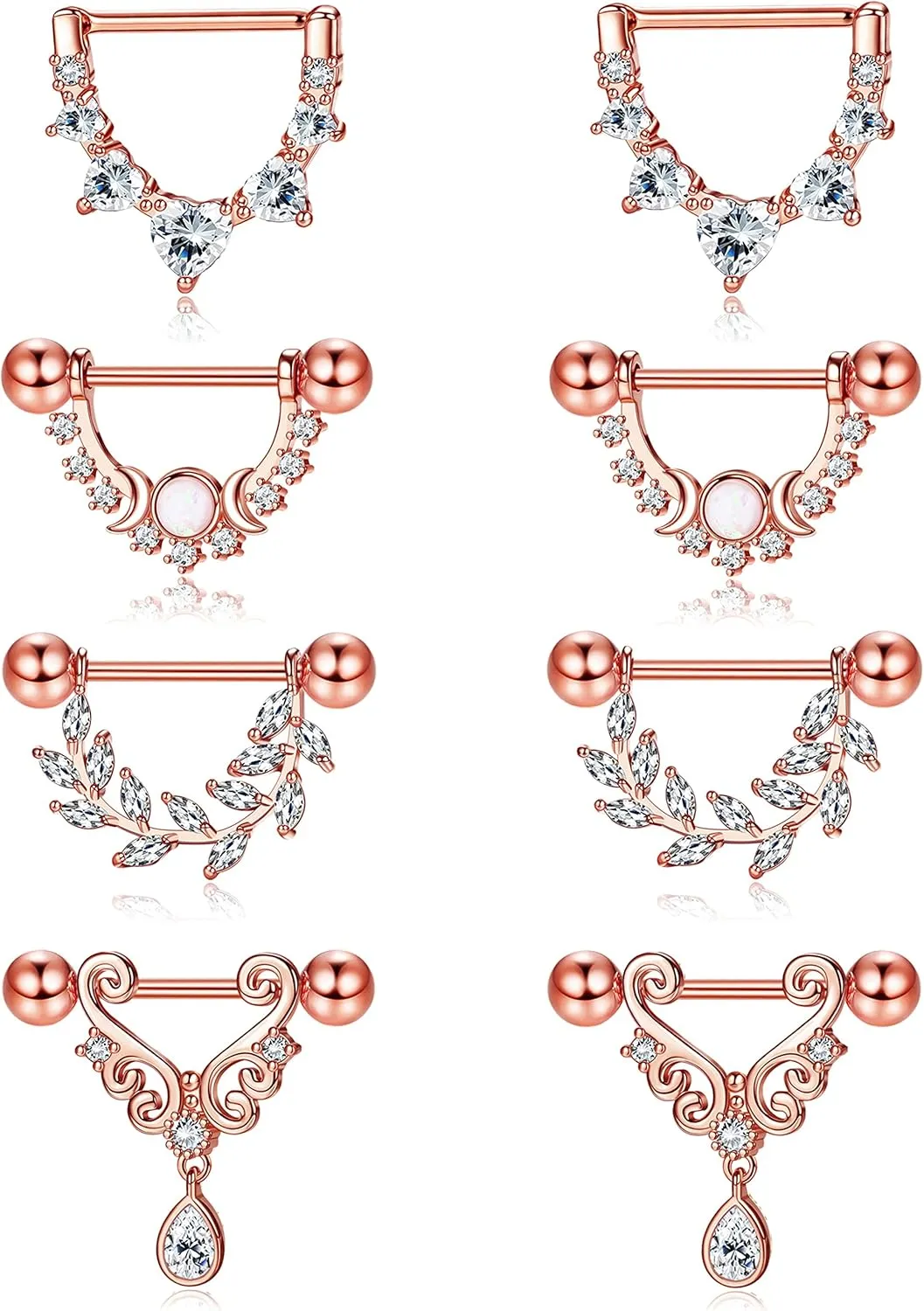 JOERICA 4 Pairs 14G Nipple Rings for Women 316L Stainless Steel Heart Teardrop Moon Star Opal Leaf CZ Barbell Nipple Rings Set Cute Nipplerings Piercing Jewelry