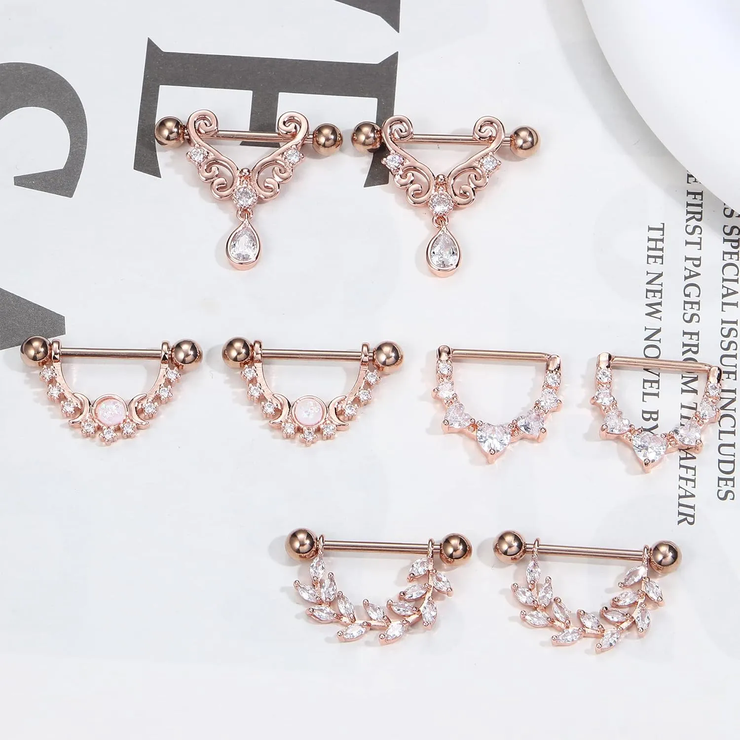 JOERICA 4 Pairs 14G Nipple Rings for Women 316L Stainless Steel Heart Teardrop Moon Star Opal Leaf CZ Barbell Nipple Rings Set Cute Nipplerings Piercing Jewelry