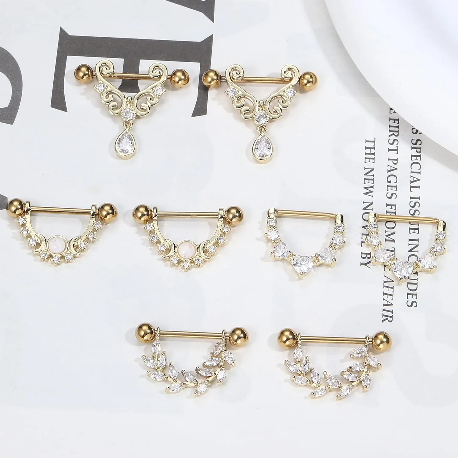 JOERICA 4 Pairs 14G Nipple Rings for Women 316L Stainless Steel Heart Teardrop Moon Star Opal Leaf CZ Barbell Nipple Rings Set Cute Nipplerings Piercing Jewelry