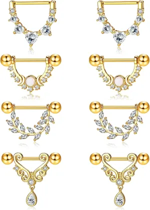 JOERICA 4 Pairs 14G Nipple Rings for Women 316L Stainless Steel Heart Teardrop Moon Star Opal Leaf CZ Barbell Nipple Rings Set Cute Nipplerings Piercing Jewelry