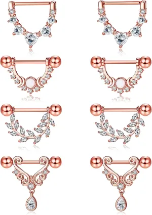 JOERICA 4 Pairs 14G Nipple Rings for Women 316L Stainless Steel Heart Teardrop Moon Star Opal Leaf CZ Barbell Nipple Rings Set Cute Nipplerings Piercing Jewelry