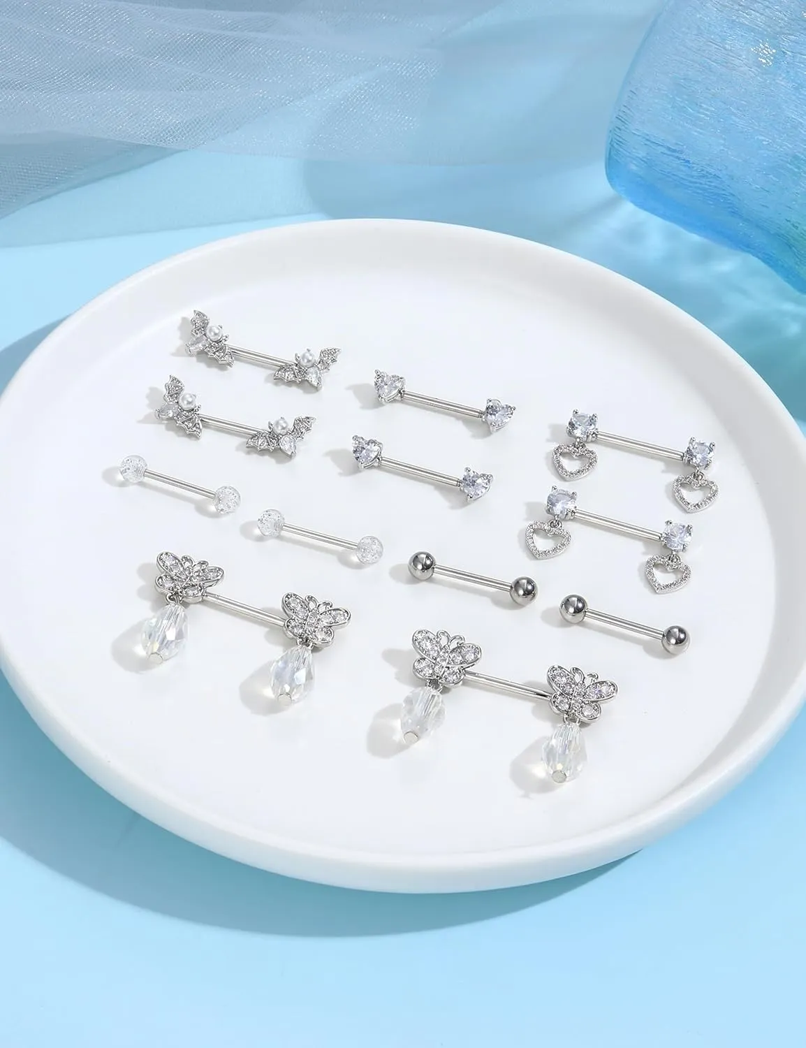 JOERICA 6 Pairs 14G Nipple Rings for Women 316L Stainless Steel Heart Butterfly Moon CZ Flower Barbell Nipple Rings Set Cute Nipplerings Piercing Jewelry