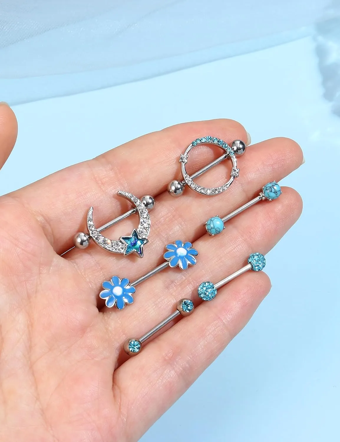JOERICA 6 Pairs 14G Nipple Rings for Women 316L Stainless Steel Heart Butterfly Moon CZ Flower Barbell Nipple Rings Set Cute Nipplerings Piercing Jewelry