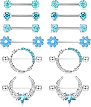 JOERICA 6 Pairs 14G Nipple Rings for Women 316L Stainless Steel Heart Butterfly Moon CZ Flower Barbell Nipple Rings Set Cute Nipplerings Piercing Jewelry