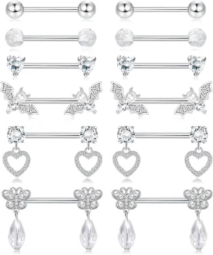 JOERICA 6 Pairs 14G Nipple Rings for Women 316L Stainless Steel Heart Butterfly Moon CZ Flower Barbell Nipple Rings Set Cute Nipplerings Piercing Jewelry
