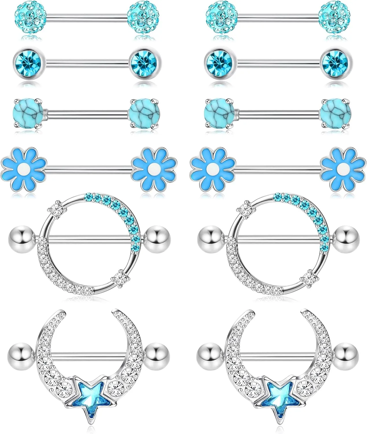JOERICA 6 Pairs 14G Nipple Rings for Women 316L Stainless Steel Heart Butterfly Moon CZ Flower Barbell Nipple Rings Set Cute Nipplerings Piercing Jewelry