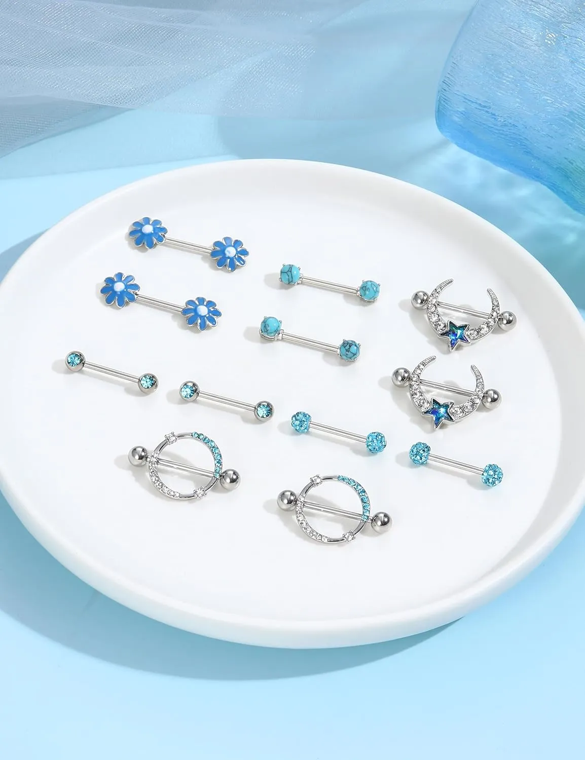 JOERICA 6 Pairs 14G Nipple Rings for Women 316L Stainless Steel Heart Butterfly Moon CZ Flower Barbell Nipple Rings Set Cute Nipplerings Piercing Jewelry