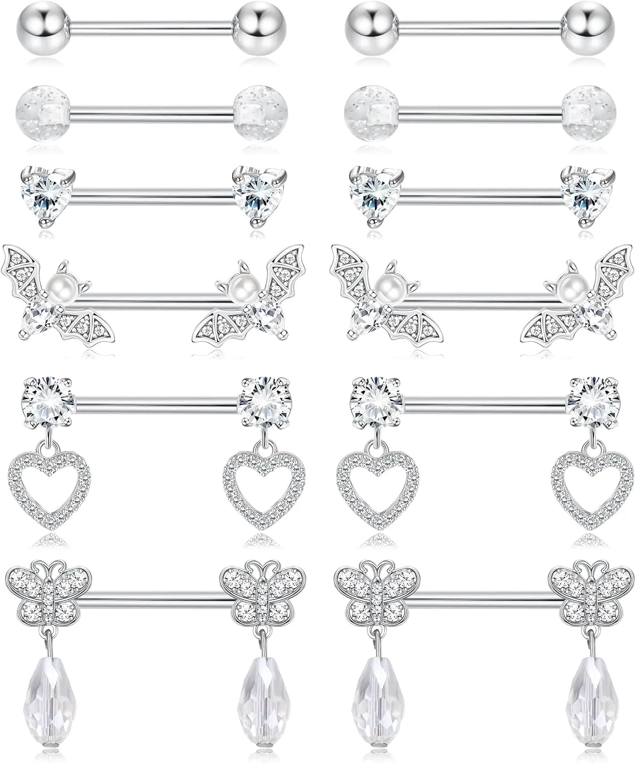 JOERICA 6 Pairs 14G Nipple Rings for Women 316L Stainless Steel Heart Butterfly Moon CZ Flower Barbell Nipple Rings Set Cute Nipplerings Piercing Jewelry