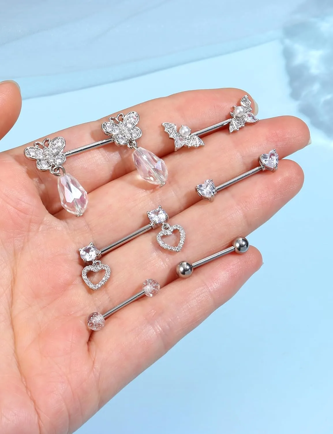 JOERICA 6 Pairs 14G Nipple Rings for Women 316L Stainless Steel Heart Butterfly Moon CZ Flower Barbell Nipple Rings Set Cute Nipplerings Piercing Jewelry