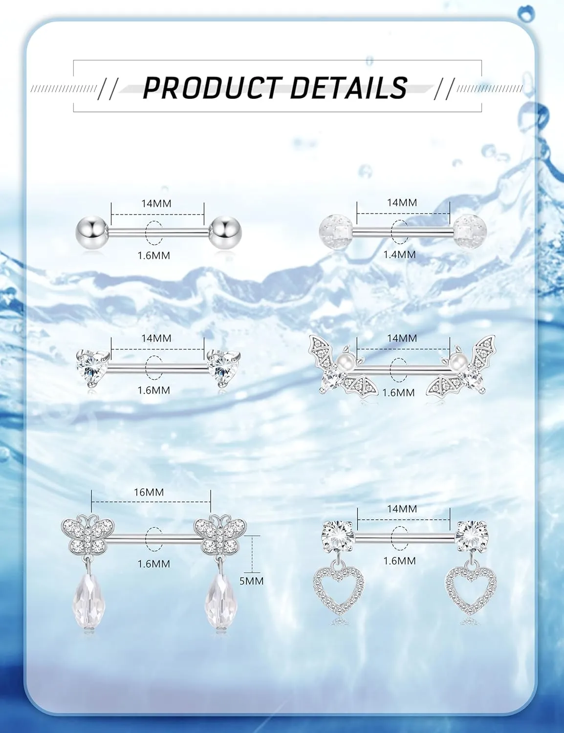 JOERICA 6 Pairs 14G Nipple Rings for Women 316L Stainless Steel Heart Butterfly Moon CZ Flower Barbell Nipple Rings Set Cute Nipplerings Piercing Jewelry