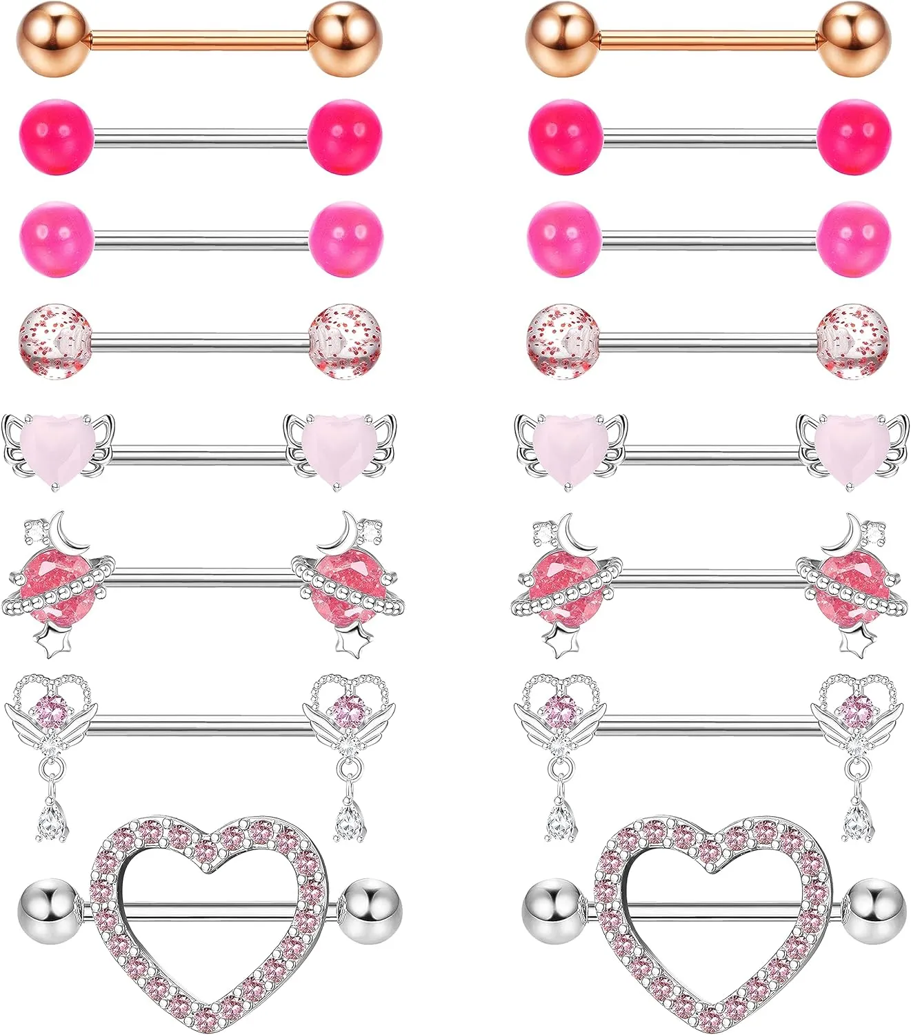 JOERICA 8 Pairs 14G Nipple Rings for Women 316L Stainless Steel Heart Butterfly Planet CZ Wing Barbell Nipple Rings Set Cute Nipplerings Piercing Jewelry