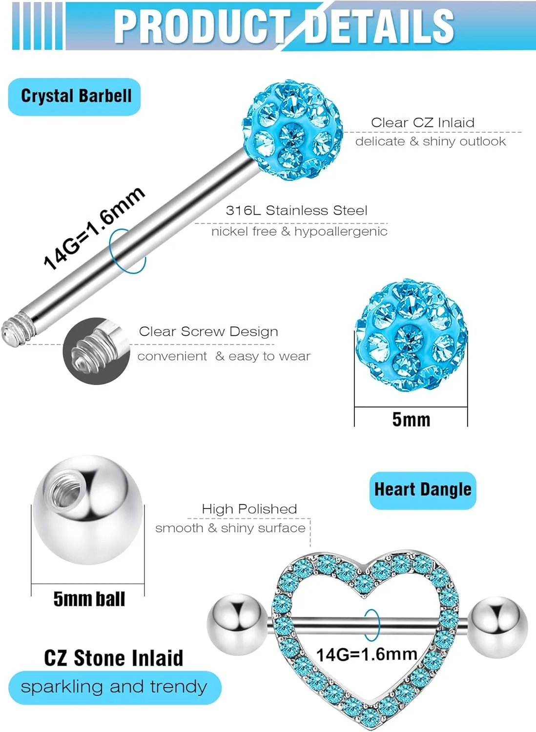 JOVITEC 2 Pairs Stainless Steel Nipple Ring CZ Barbell Rhinestone Nipple Studs for Nipple Tougue Body Piercing, 14 G