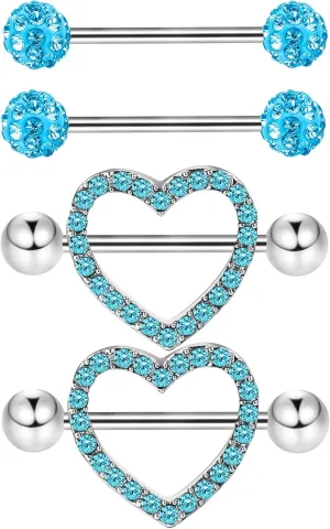 JOVITEC 2 Pairs Stainless Steel Nipple Ring CZ Barbell Rhinestone Nipple Studs for Nipple Tougue Body Piercing, 14 G