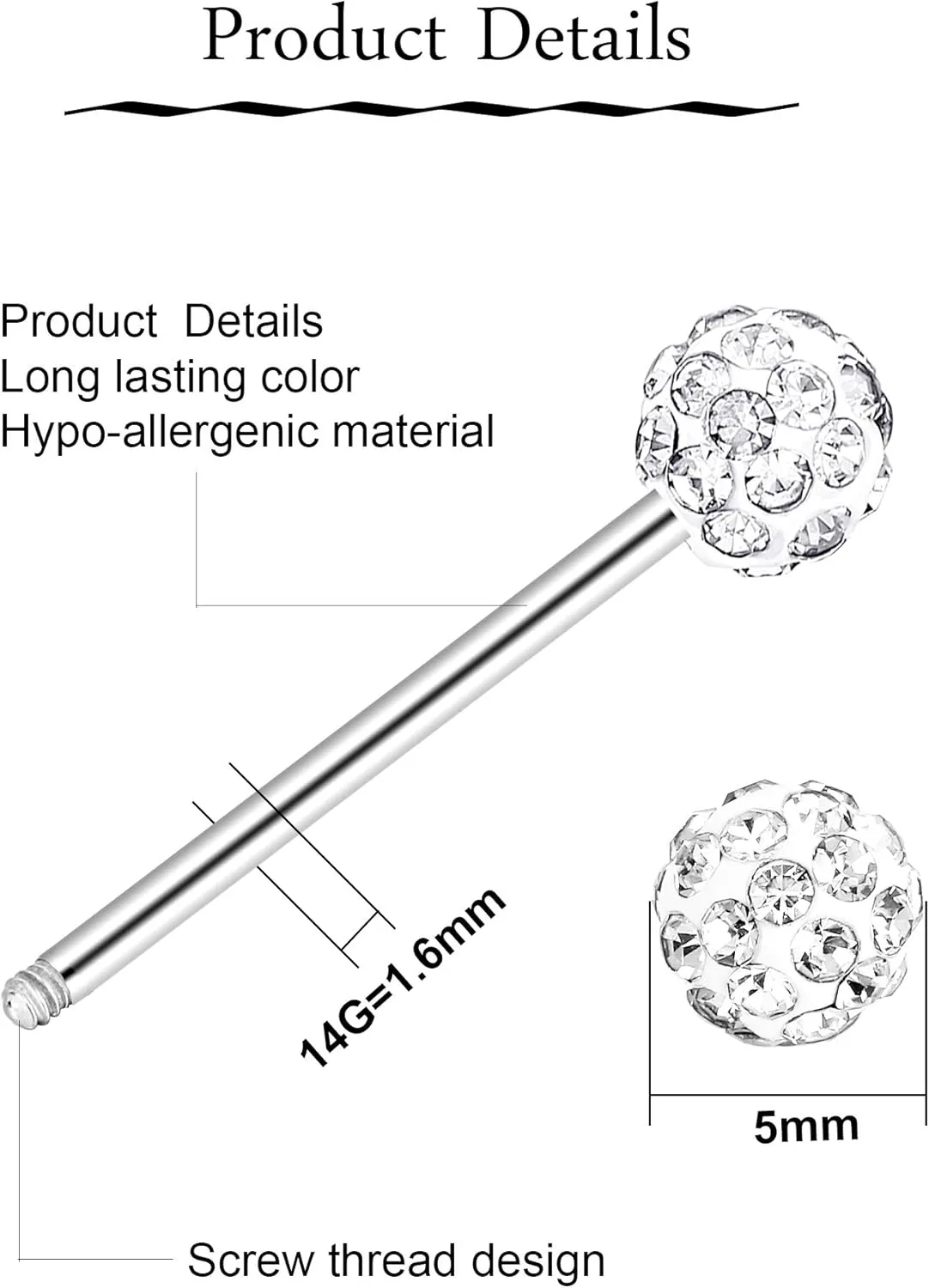 JOVITEC 2 Pairs Stainless Steel Nipple Ring CZ Barbell Rhinestone Nipple Studs for Nipple Tougue Body Piercing, 14 G