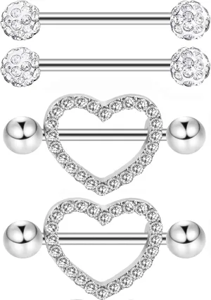 JOVITEC 2 Pairs Stainless Steel Nipple Ring CZ Barbell Rhinestone Nipple Studs for Nipple Tougue Body Piercing, 14 G