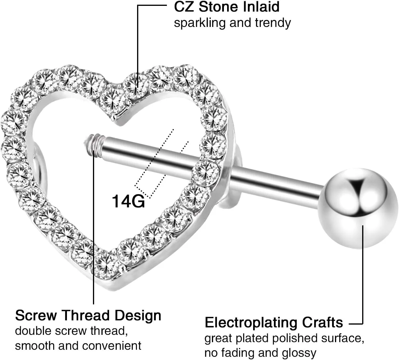 JOVITEC 2 Pairs Stainless Steel Nipple Ring CZ Barbell Rhinestone Nipple Studs for Nipple Tougue Body Piercing, 14 G