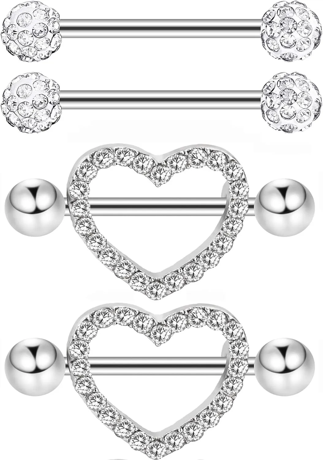 JOVITEC 2 Pairs Stainless Steel Nipple Ring CZ Barbell Rhinestone Nipple Studs for Nipple Tougue Body Piercing, 14 G