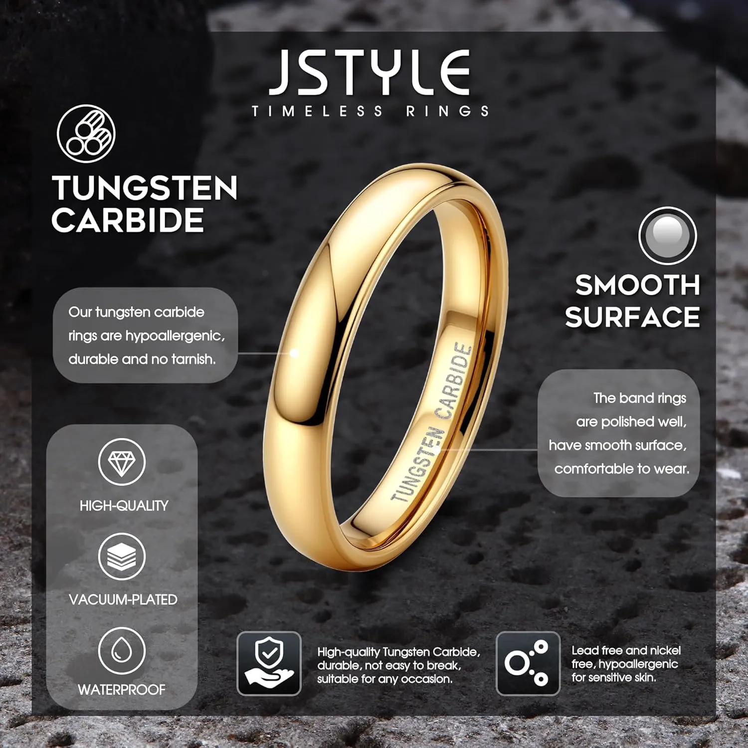 Jstyle 2mm 4mm Tungsten Rings for Men Women Hypoallergenic Wedding Band Rings Gold/Silver Domed High Polish Comfort Fit Size 6-12 Not Tarnished