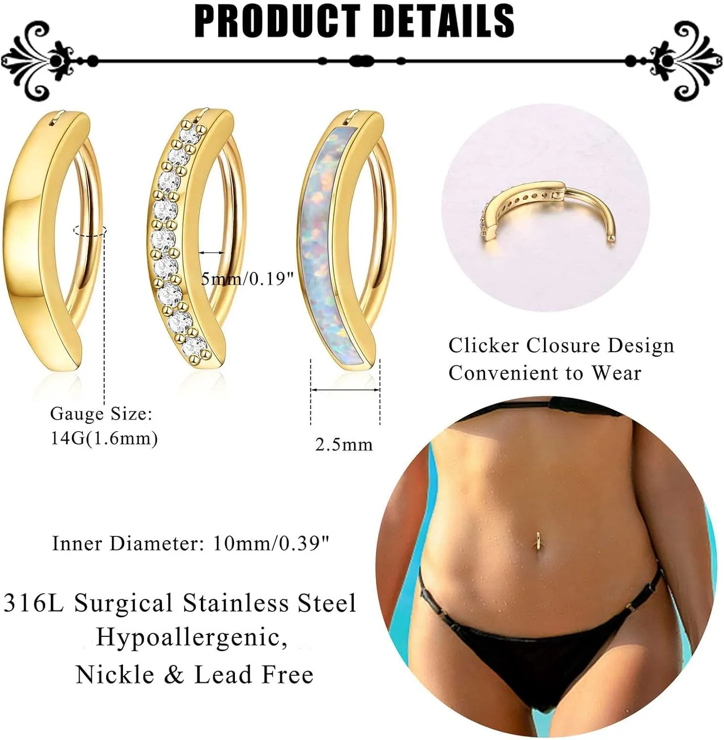 Jstyle 3Pcs 14G Clicker Belly Button Ring for Women - Gold 316L Surgical Steel, Cute CZ Opal Small Hoop, Simple Reverse Navel Piercing Jewelry