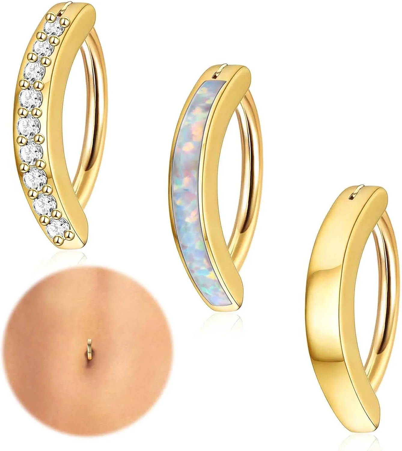 Jstyle 3Pcs 14G Clicker Belly Button Ring for Women - Gold 316L Surgical Steel, Cute CZ Opal Small Hoop, Simple Reverse Navel Piercing Jewelry