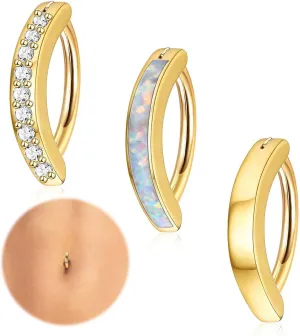 Jstyle 3Pcs 14G Clicker Belly Button Ring for Women - Gold 316L Surgical Steel, Cute CZ Opal Small Hoop, Simple Reverse Navel Piercing Jewelry