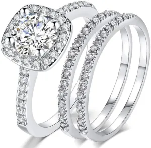 Jude Jewelers Silver Rose Gold Three-in-One Wedding Engagement Bridal Halo Ring Set