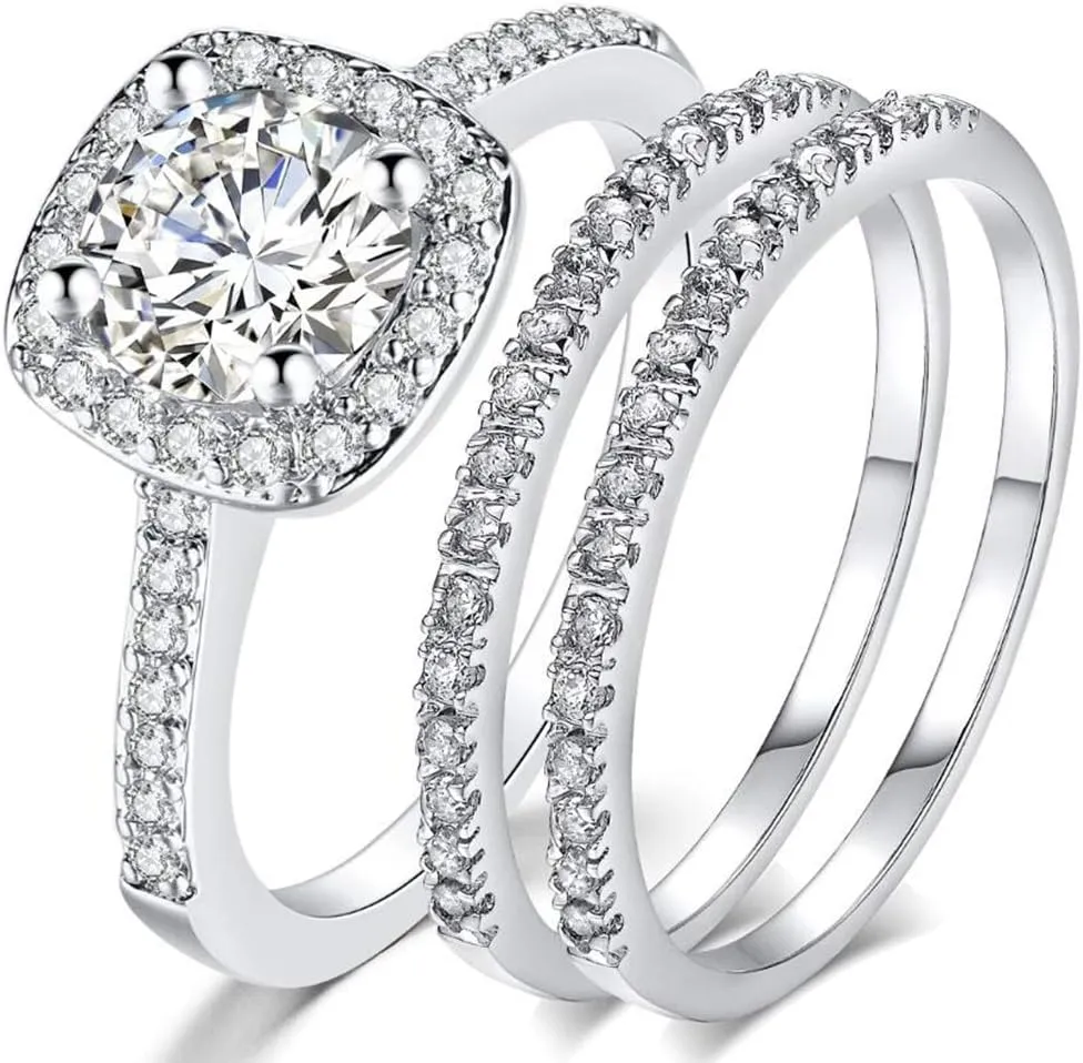 Jude Jewelers Silver Rose Gold Three-in-One Wedding Engagement Bridal Halo Ring Set